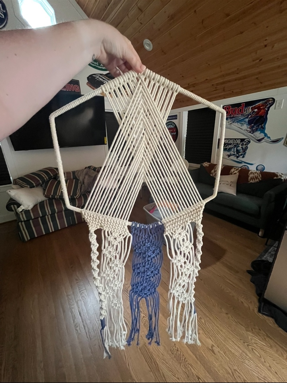 Handmade Macramé Wall Hanging in Cream and Blue - Brand: